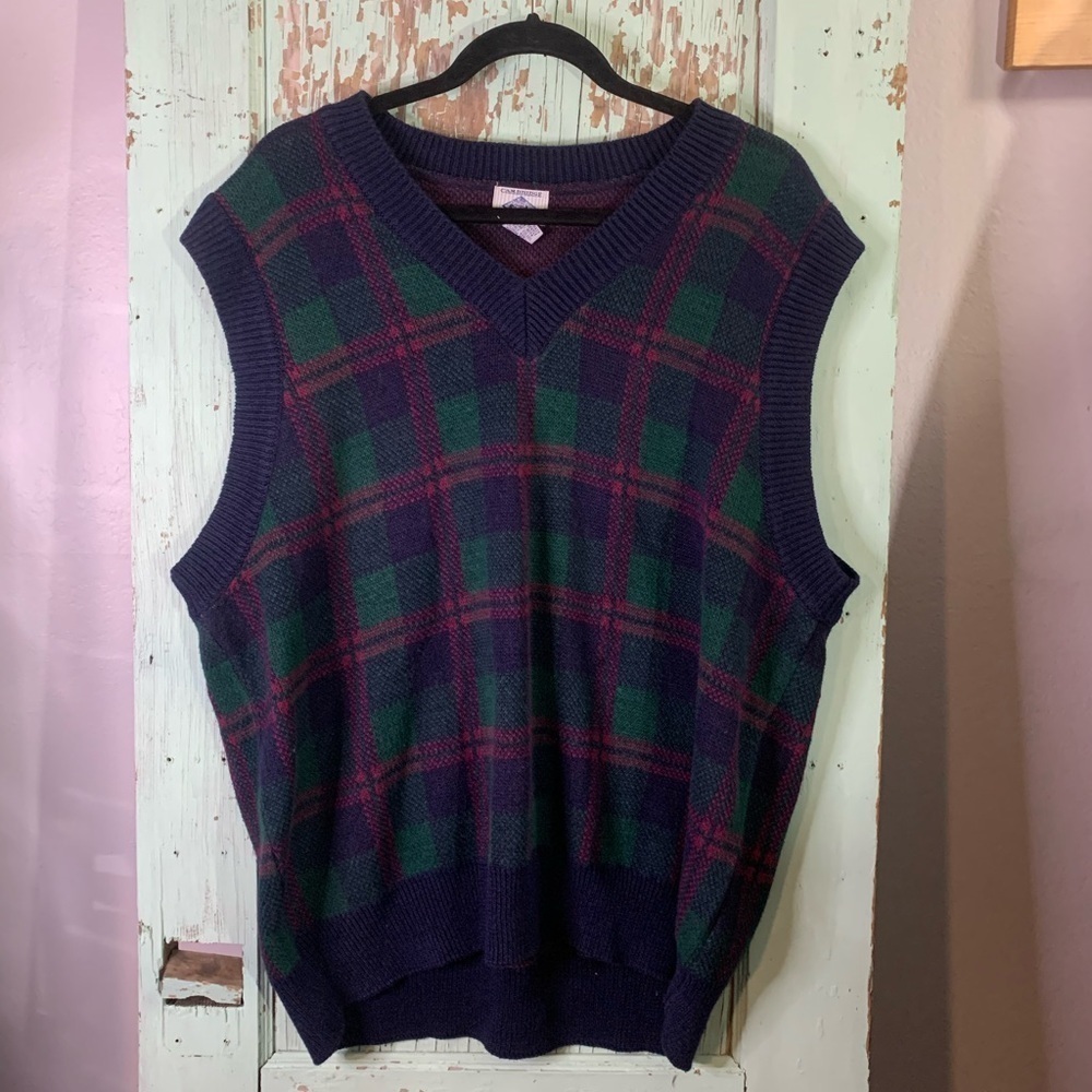 Men’s Vintage Cambridge Classics blue green plaid ramie&cotton sweater vest
